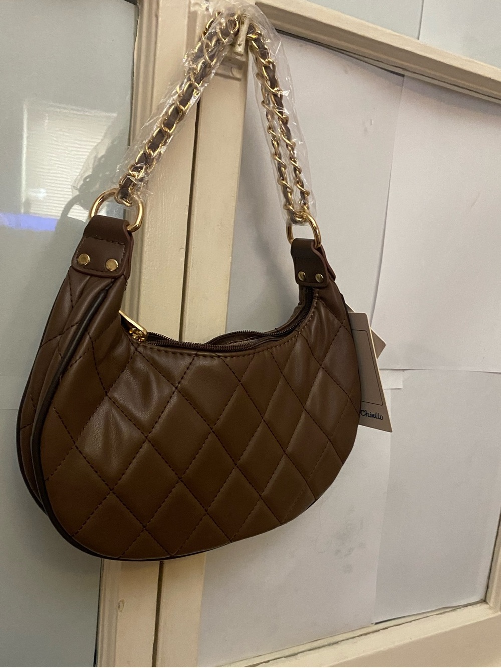 chinllo brown Quilted Crescent Shoulder Bag with Chain Strap